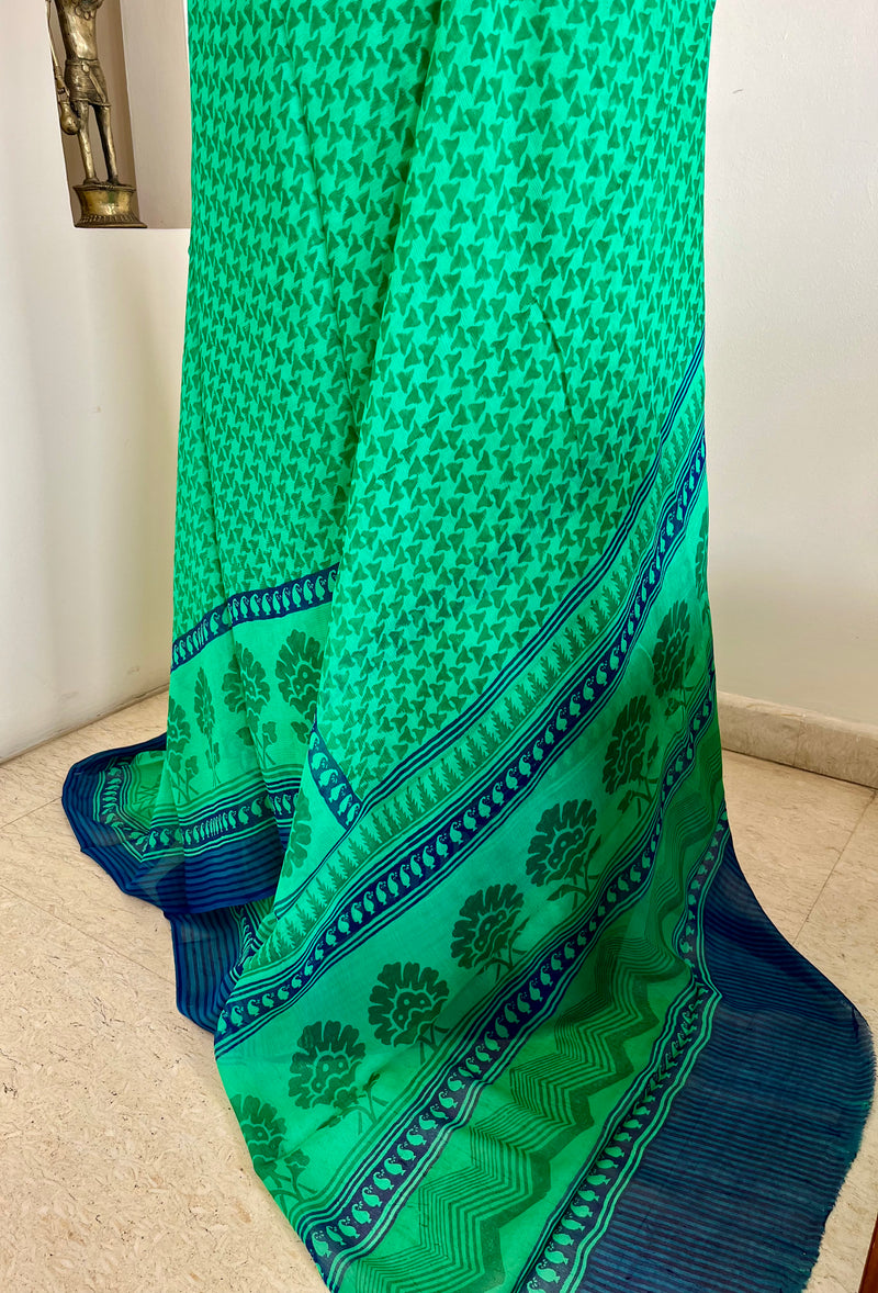 ALIRA – NEVER WORN GREEN CHIFFON WITH BLUE STRIPED PAISLEY BORDERS