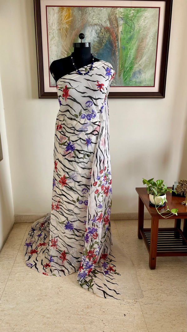 ABHAYA- PURE CHIFFON SAREE WITH FLORAL AND WAVE MOTIFS