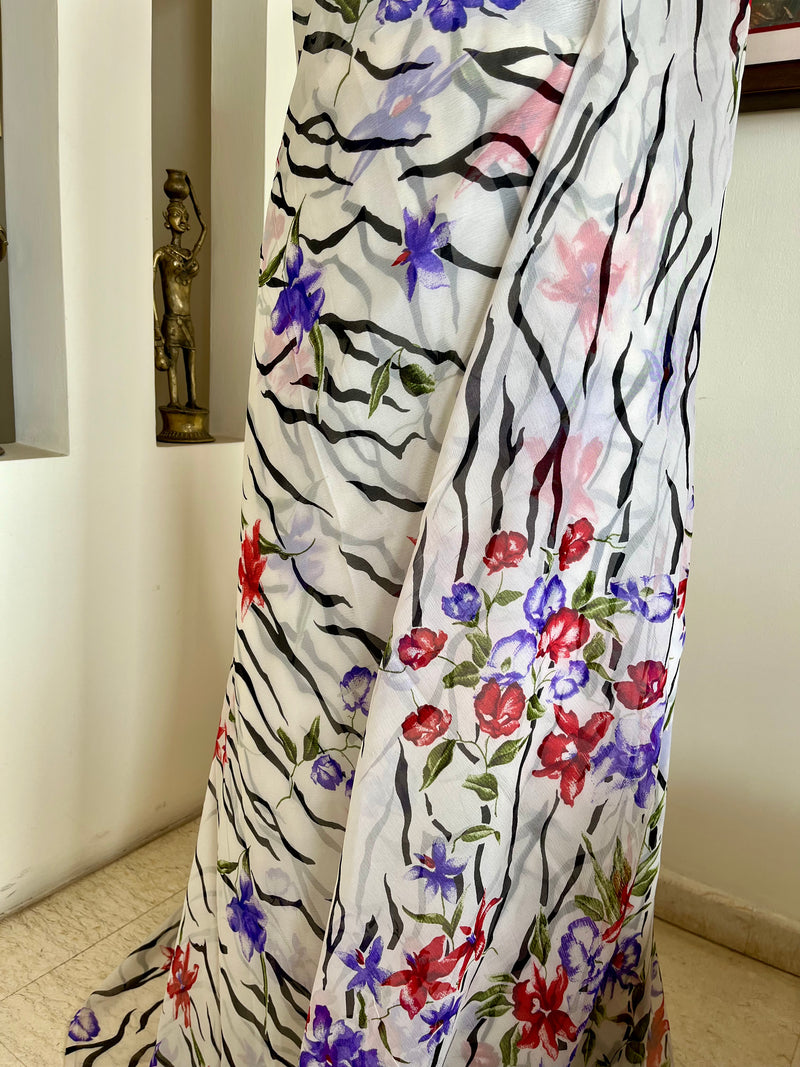 ABHAYA- PURE CHIFFON SAREE WITH FLORAL AND WAVE MOTIFS