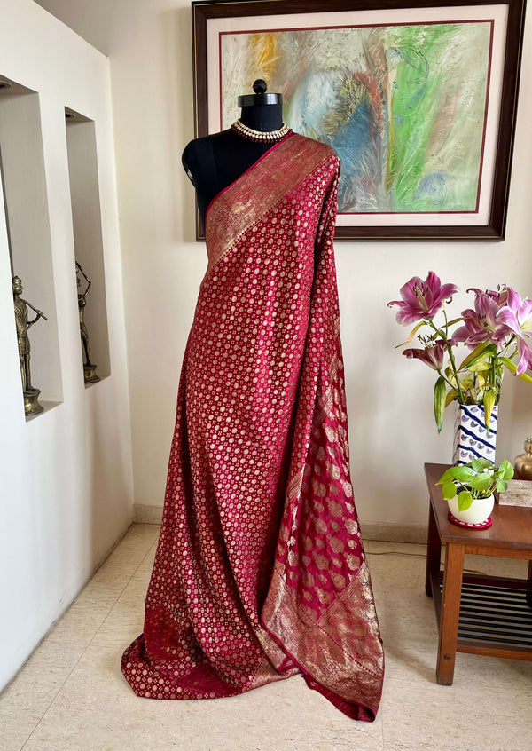 MANORAMA- VINTAGE BANARASI SAREE IN CLASSIC MAROON WITH ANTIQUE GOLD DETAILING