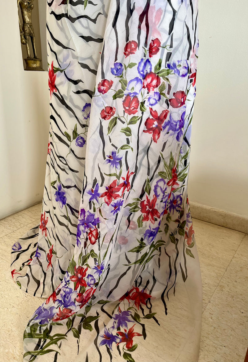 ABHAYA- PURE CHIFFON SAREE WITH FLORAL AND WAVE MOTIFS