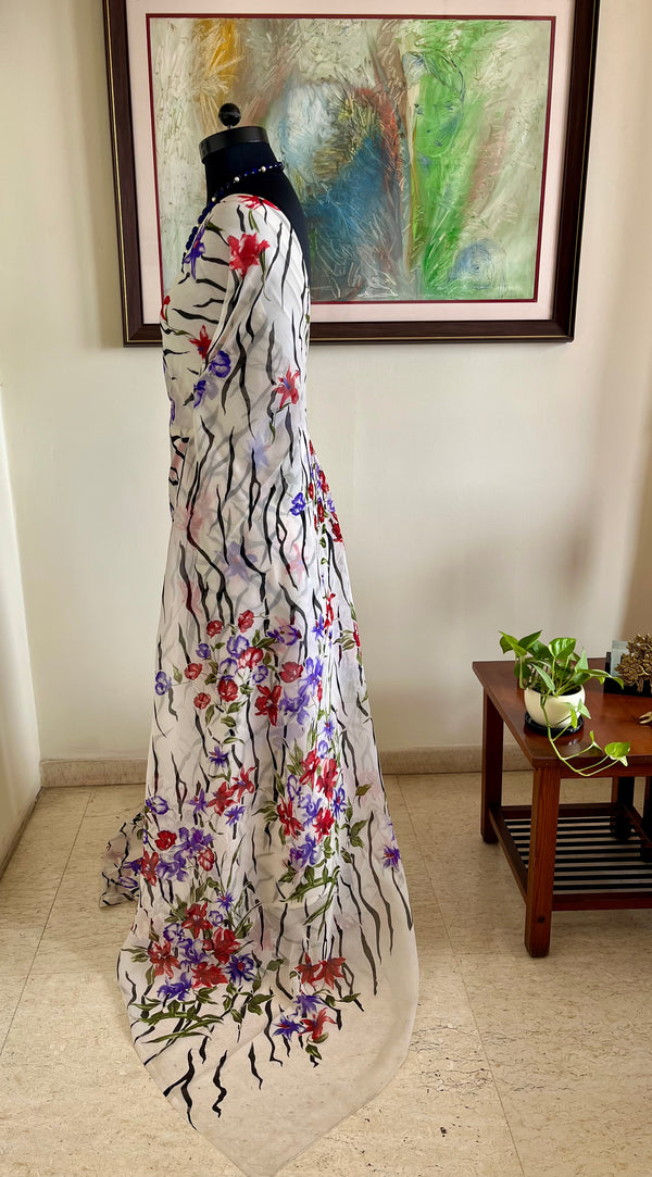 ABHAYA- PURE CHIFFON SAREE WITH FLORAL AND WAVE MOTIFS