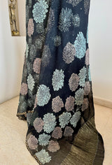 AREEBA – BLACK PURE CHIFFON WITH FLORAL MUKAISH AND ZARI DETAILING