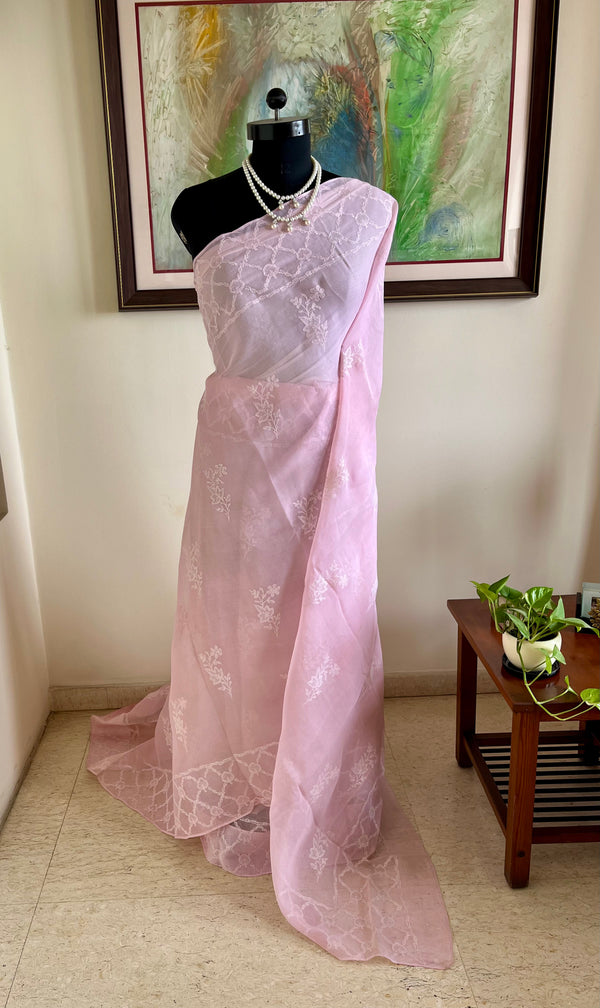 AMANI – PINK COTTON CHIKANKARI SAREE WITH TEPCHI AND JAAL WORK