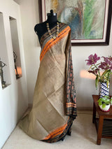 RUPAMANJARI - BEIGE AND BLACK SACHIPAR KHADUA IKAT SAREE WITH VIBRANT BORDER & AANCHAL