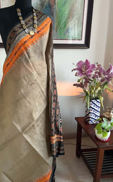 RUPAMANJARI - BEIGE AND BLACK SACHIPAR KHADUA IKAT SAREE WITH VIBRANT BORDER & AANCHAL