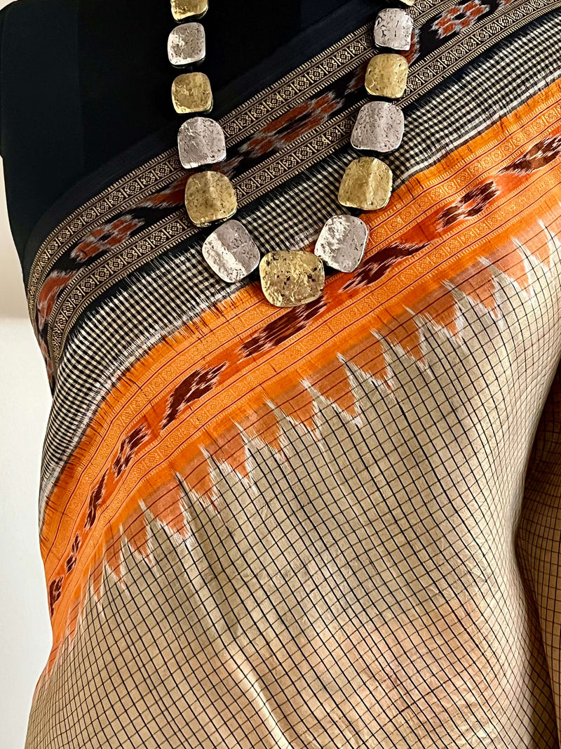 RUPAMANJARI - BEIGE AND BLACK SACHIPAR KHADUA IKAT SAREE WITH VIBRANT BORDER & AANCHAL