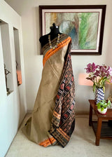 RUPAMANJARI - BEIGE AND BLACK SACHIPAR KHADUA IKAT SAREE WITH VIBRANT BORDER & AANCHAL