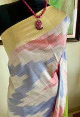 CHAHANA – NEVER WORN OFF-WHITE POCHAMPALLY WITH CHEVRON AND TEMPLE AANCHAL
