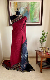LEKISHA – MAROON POCHAMPALLY WITH BLACK FLORAL GRID AANCHAL