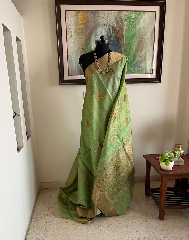 MILA- NEVER-WORN TUSSAR BANARASI SAREE IN GREEN WITH GOLD PAAN MOTIFS