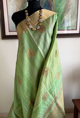 MILA- NEVER-WORN TUSSAR BANARASI SAREE IN GREEN WITH GOLD PAAN MOTIFS