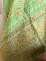 MILA- NEVER-WORN TUSSAR BANARASI SAREE IN GREEN WITH GOLD PAAN MOTIFS