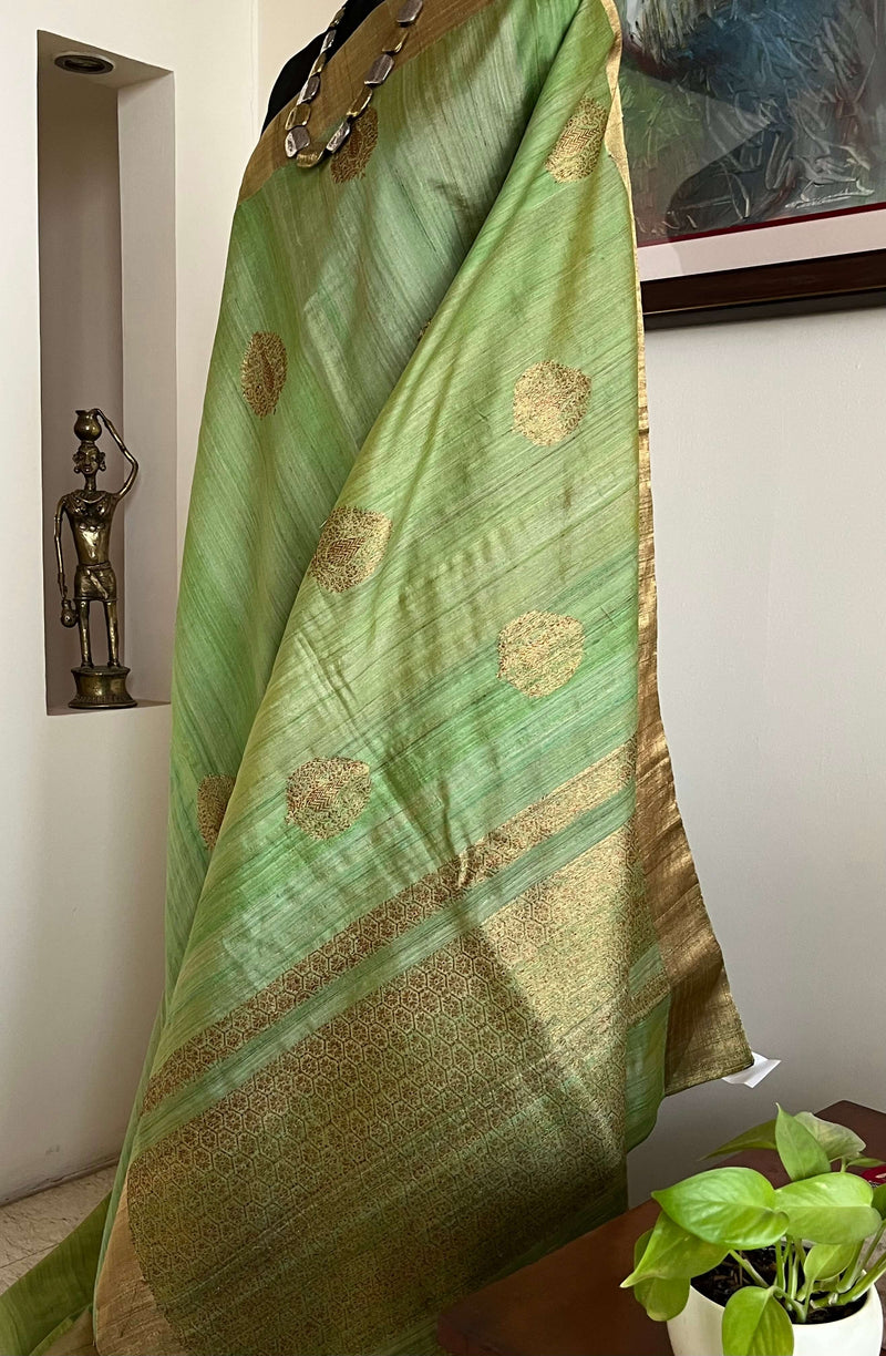 MILA- NEVER-WORN TUSSAR BANARASI SAREE IN GREEN WITH GOLD PAAN MOTIFS