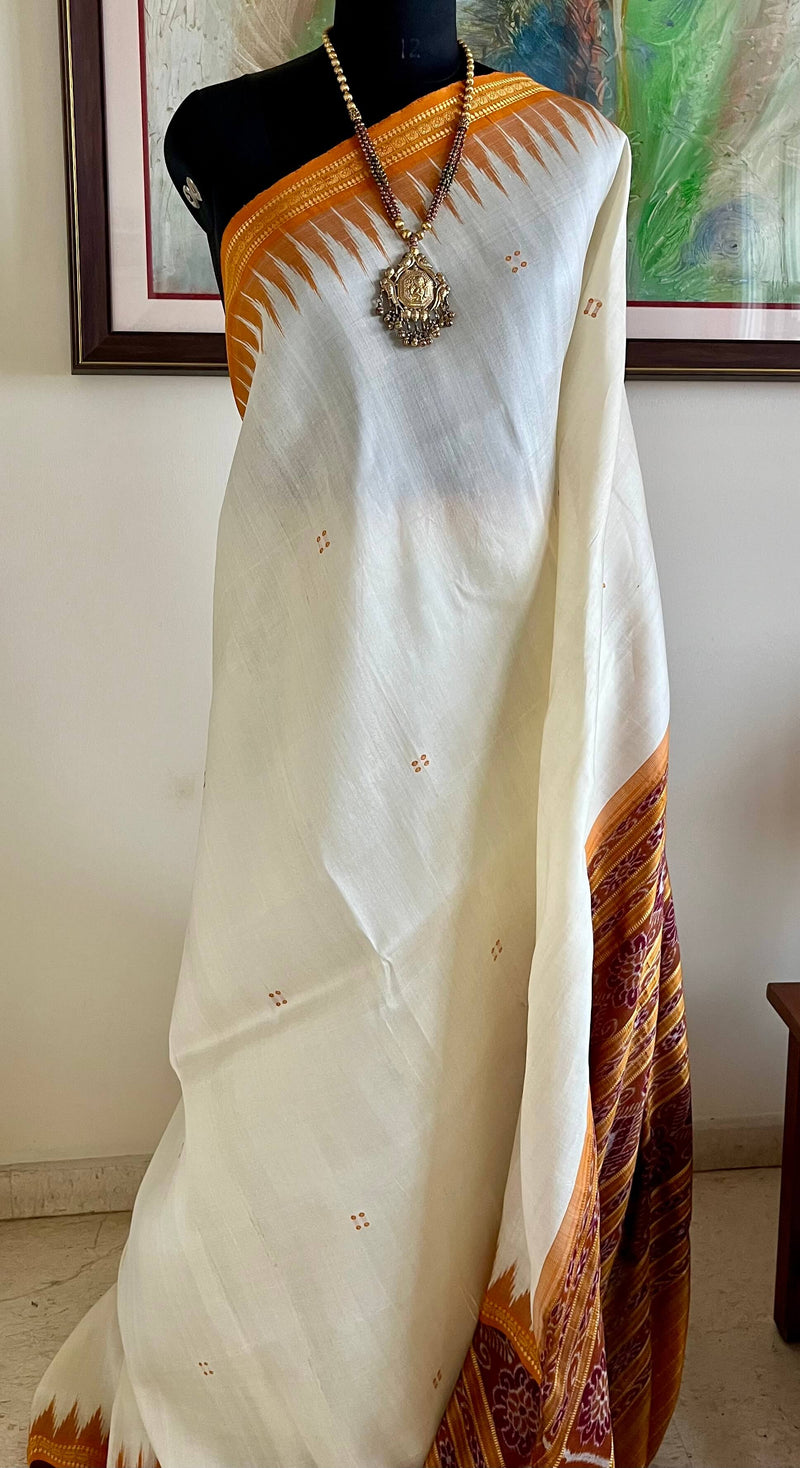 BINAPANI- NEVER-WORN KHANDUA SAREE WITH FLORAL BANDHA MOTIFS IN BORDER & AANCHAL