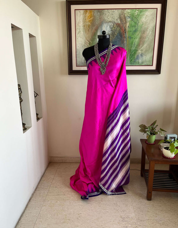 HARIPRIYA- RANI PINK VINTAGE BERHAMPURI SILK SAREE WITH PURPLE & SILVER ANCHAL