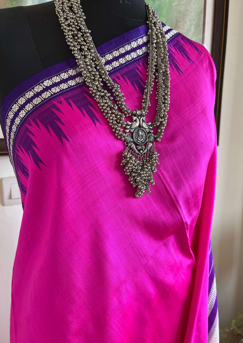 HARIPRIYA- RANI PINK VINTAGE BERHAMPURI SILK SAREE WITH PURPLE & SILVER ANCHAL