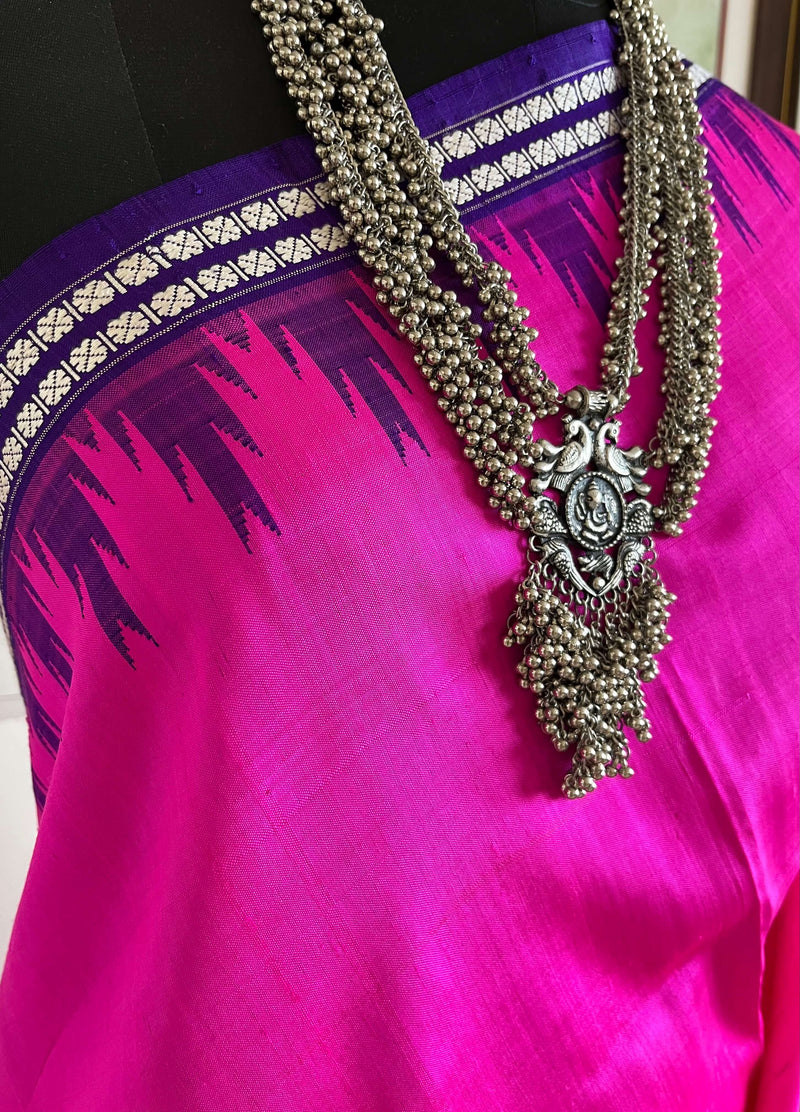 HARIPRIYA- RANI PINK VINTAGE BERHAMPURI SILK SAREE WITH PURPLE & SILVER ANCHAL