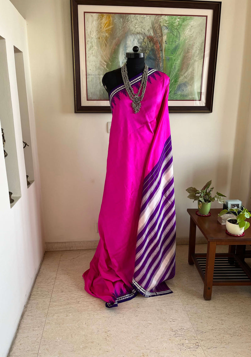 HARIPRIYA- RANI PINK VINTAGE BERHAMPURI SILK SAREE WITH PURPLE & SILVER ANCHAL