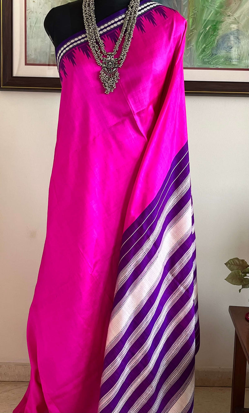 HARIPRIYA- RANI PINK VINTAGE BERHAMPURI SILK SAREE WITH PURPLE & SILVER ANCHAL