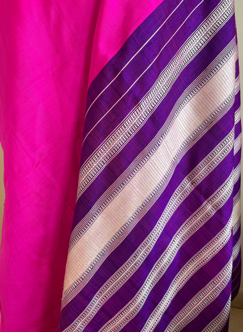 HARIPRIYA- RANI PINK VINTAGE BERHAMPURI SILK SAREE WITH PURPLE & SILVER ANCHAL