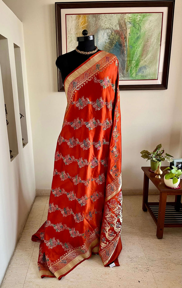 PANCHAMI - GORGEOUS RUST KATAN SILK BANARASI WITH EXQUISITE FLORAL MOTIFS