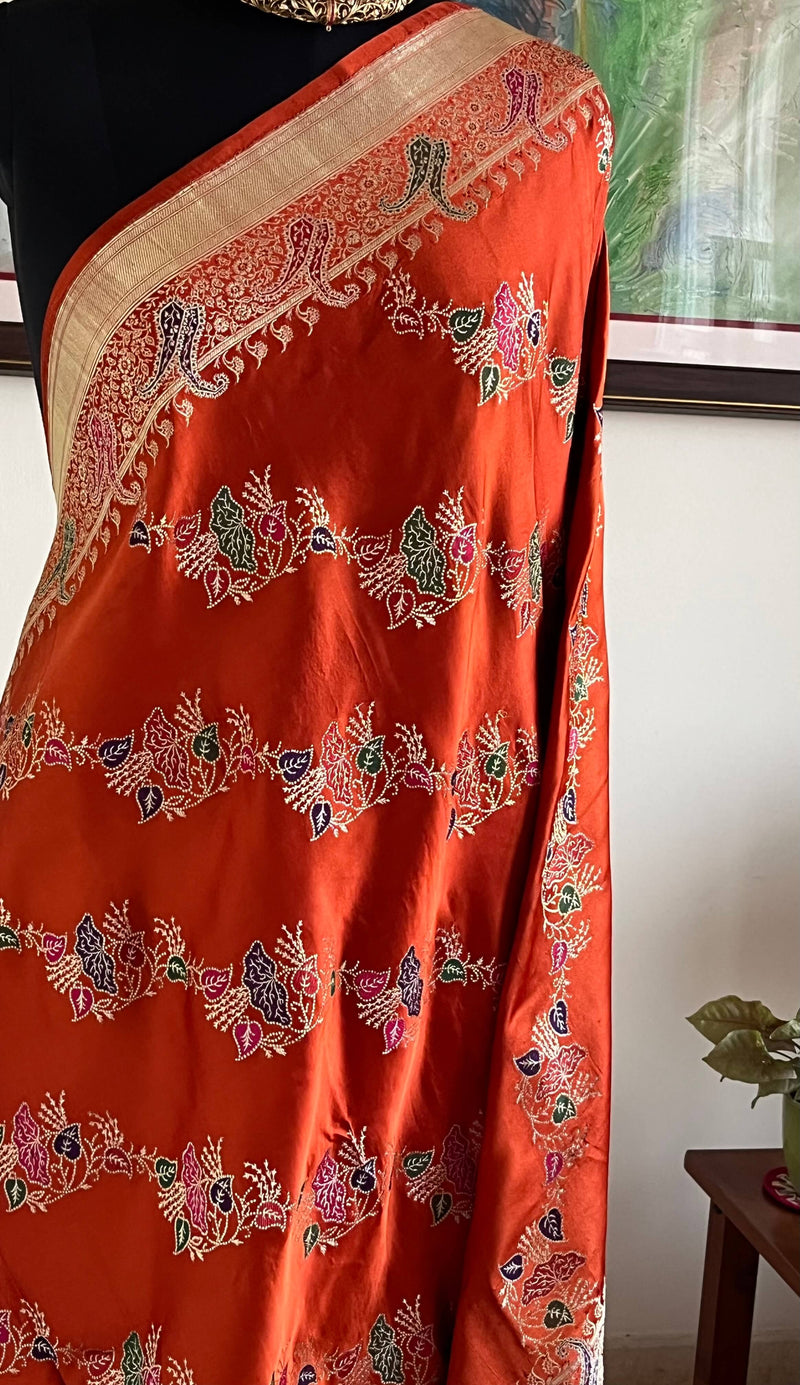 PANCHAMI - GORGEOUS RUST KATAN SILK BANARASI WITH EXQUISITE FLORAL MOTIFS