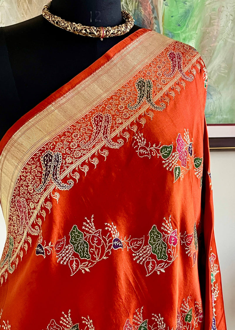 PANCHAMI - GORGEOUS RUST KATAN SILK BANARASI WITH EXQUISITE FLORAL MOTIFS