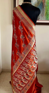 PANCHAMI - GORGEOUS RUST KATAN SILK BANARASI WITH EXQUISITE FLORAL MOTIFS