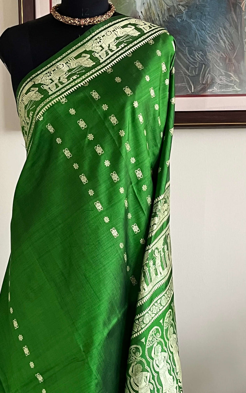 RATNABOLI – ARTFUL GREEN BALUCHARI WITH RAMAYANA SCENES AND INTRICATE PAISLEYS