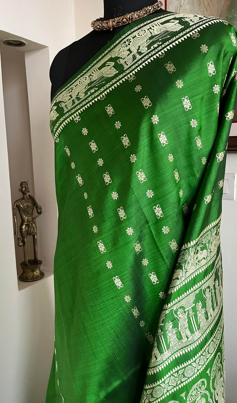 RATNABOLI – ARTFUL GREEN BALUCHARI WITH RAMAYANA SCENES AND INTRICATE PAISLEYS