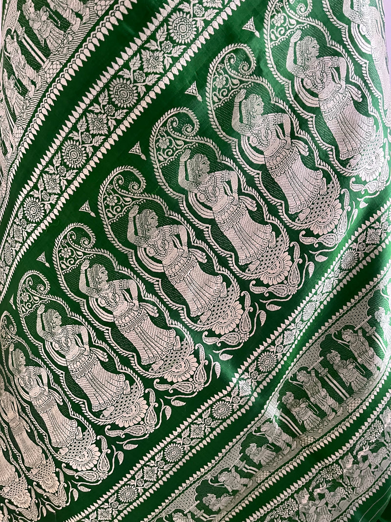 RATNABOLI – ARTFUL GREEN BALUCHARI WITH RAMAYANA SCENES AND INTRICATE PAISLEYS