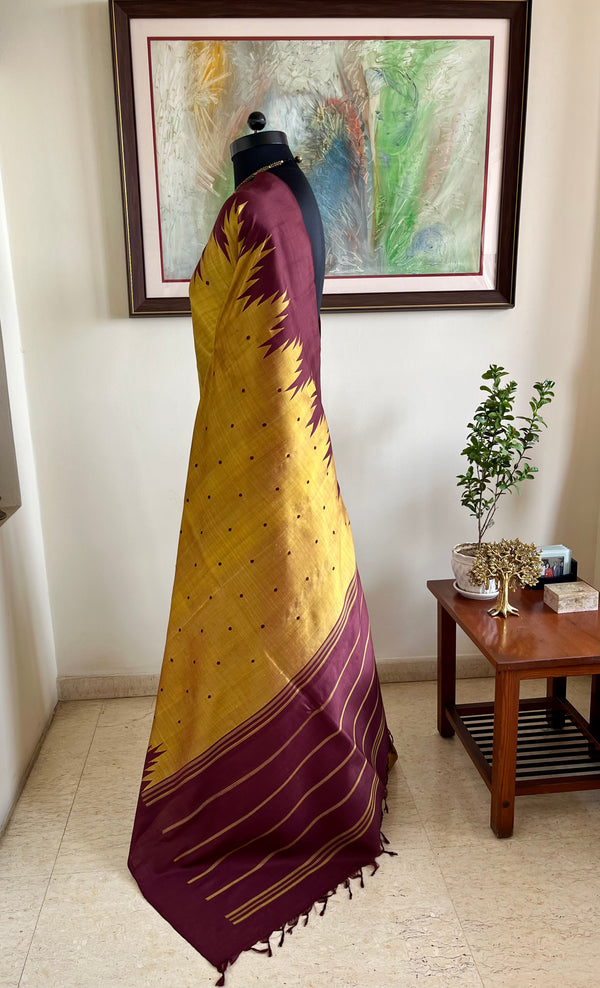 SRIKAVI – GOLDEN YELLOW AND BROWN ARNI SILK WITH TEMPLE MOTIFS