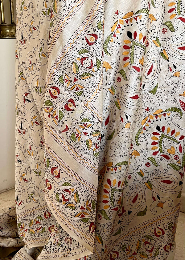 TANIMA - LIGHT CREAM KANTHA SAREE WITH FLORAL EMBROIDERY