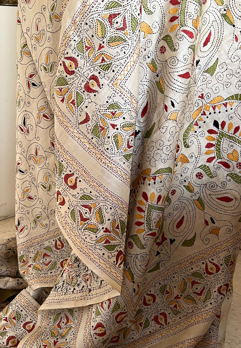 TANIMA - LIGHT CREAM KANTHA SAREE WITH FLORAL EMBROIDERY