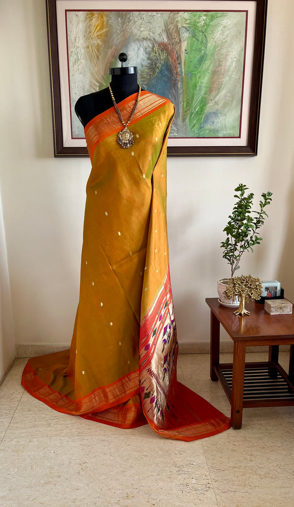 ANJU – MUSTARD BROWN PAITHANI WITH NARALI BORDER AND MOR KUNDA AANCHAL
