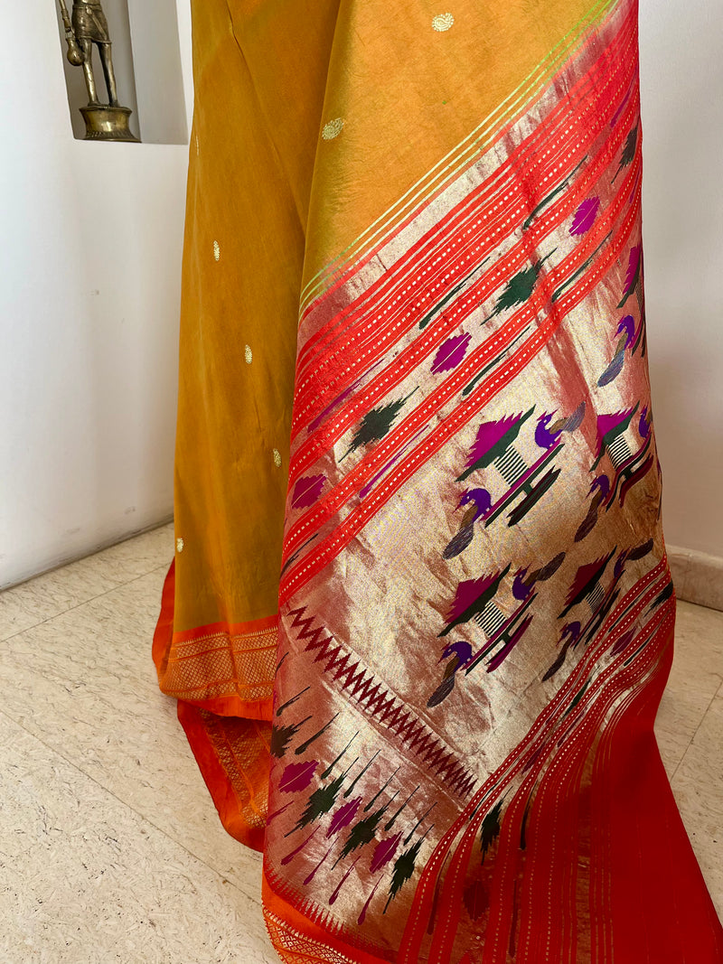 ANJU – MUSTARD BROWN PAITHANI WITH NARALI BORDER AND MOR KUNDA AANCHAL
