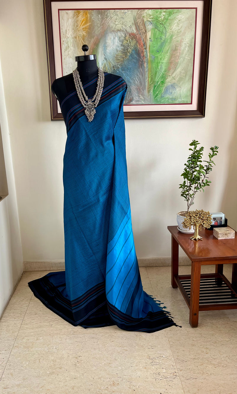 NILANI- BLUE AND BLACK KATTAM KORVAI KANJIVARAM WITH STRIPED AANCHAL