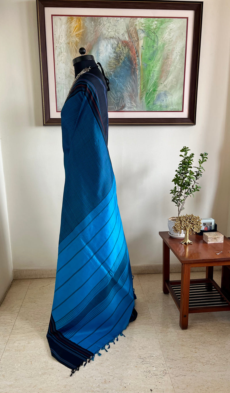 NILANI- BLUE AND BLACK KATTAM KORVAI KANJIVARAM WITH STRIPED AANCHAL
