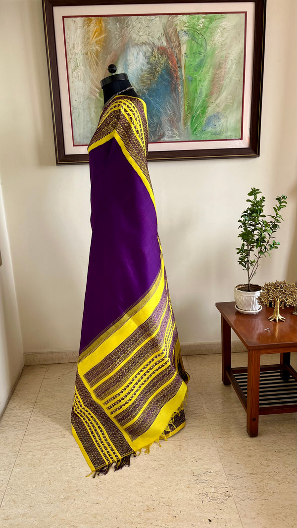 CHARINI – PURPLE KORVAI KANJIVARAM WITH YELLOW BORDER AND MOTIFS