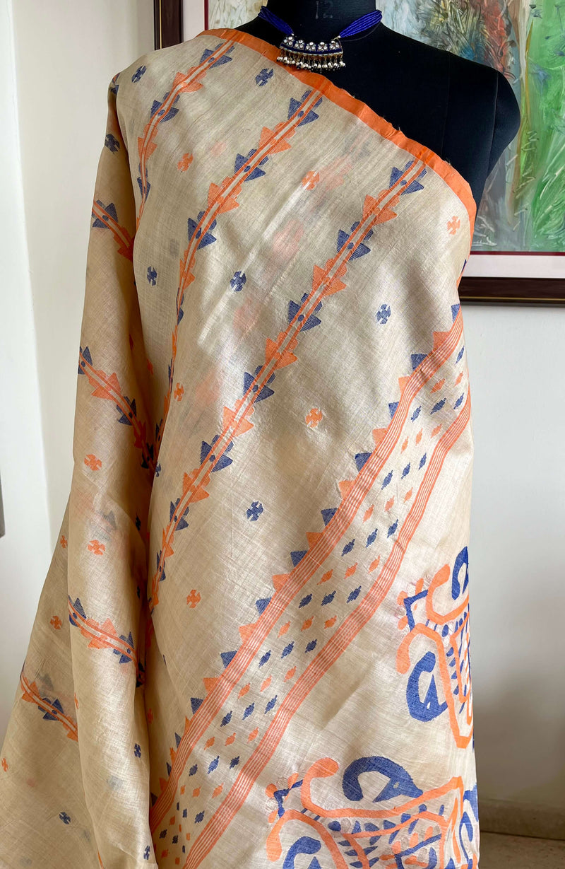 MOITREE- ELEGANT JAMDANI ON TUSSAR WITH STRIKING ORANGE-BLUE MOTIFS