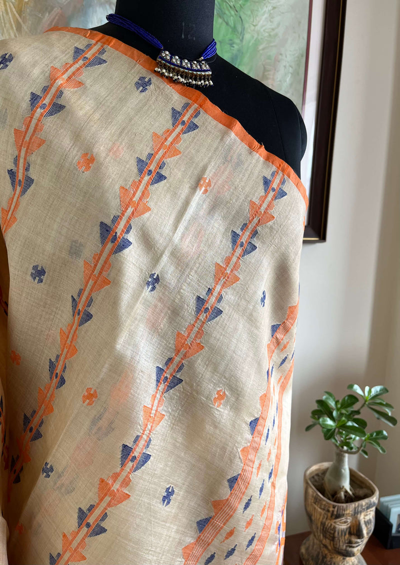 MOITREE- ELEGANT JAMDANI ON TUSSAR WITH STRIKING ORANGE-BLUE MOTIFS