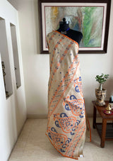 MOITREE- ELEGANT JAMDANI ON TUSSAR WITH STRIKING ORANGE-BLUE MOTIFS