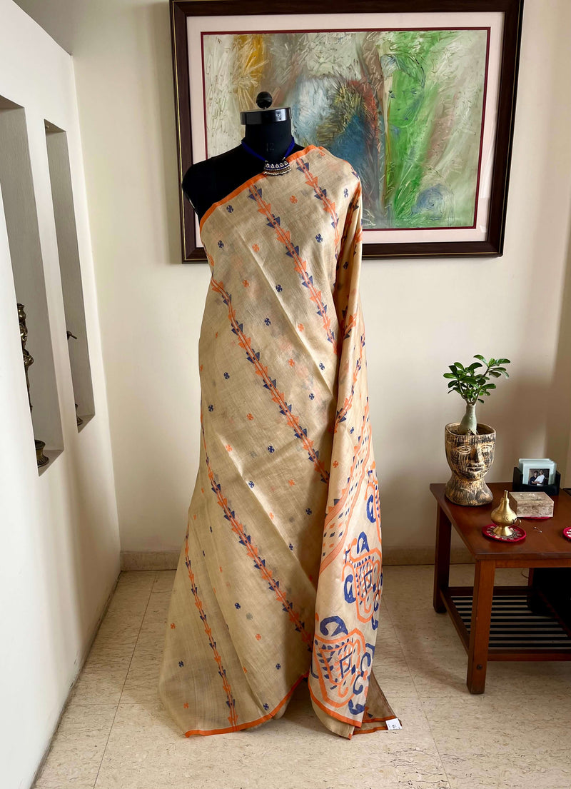 MOITREE- ELEGANT JAMDANI ON TUSSAR WITH STRIKING ORANGE-BLUE MOTIFS