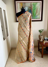 MOITREE- ELEGANT JAMDANI ON TUSSAR WITH STRIKING ORANGE-BLUE MOTIFS