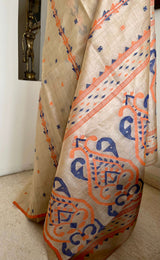 MOITREE- ELEGANT JAMDANI ON TUSSAR WITH STRIKING ORANGE-BLUE MOTIFS