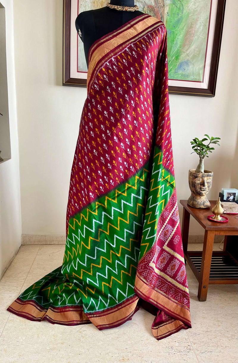 RASIKA - HALF-AND-HALF POCHAMPALLY SILK WITH FLORAL & TEMPLE MOTIFS