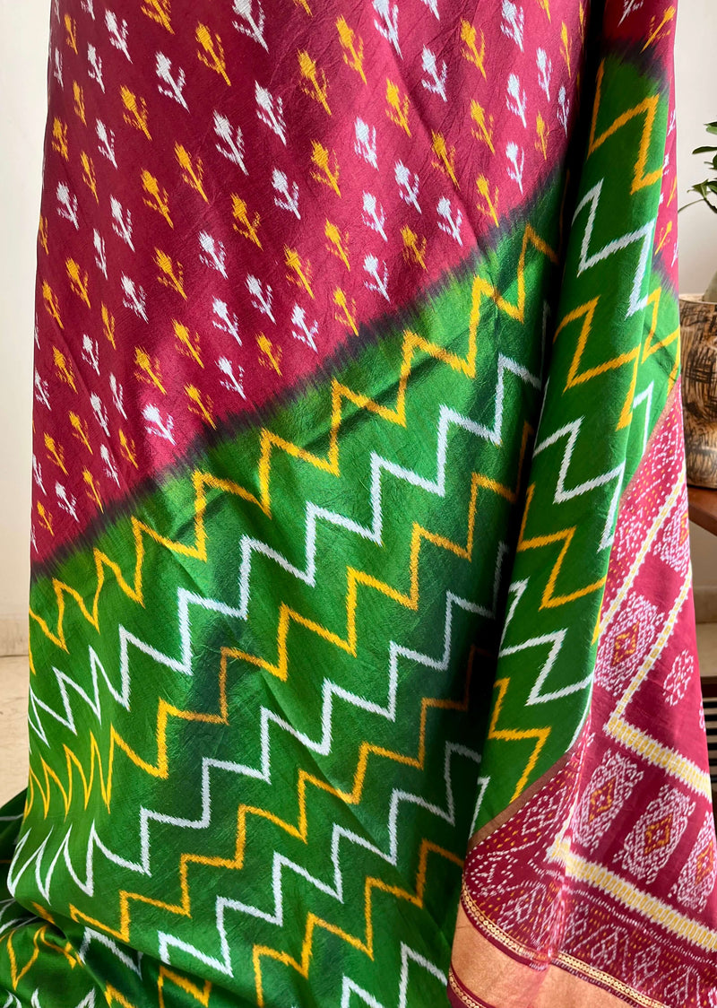 RASIKA - HALF-AND-HALF POCHAMPALLY SILK WITH FLORAL & TEMPLE MOTIFS