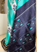 PRASHEELA - TEAL POCHAMPALLY SILK WITH FLORAL MOTIFS AND RUDRAKSHA BORDER