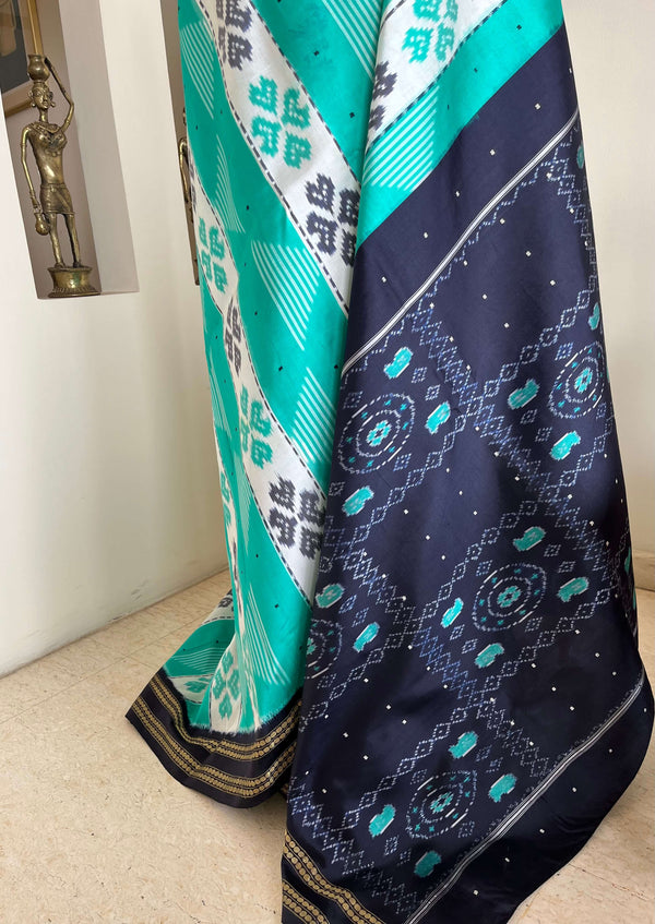 PRASHEELA - TEAL POCHAMPALLY SILK WITH FLORAL MOTIFS AND RUDRAKSHA BORDER